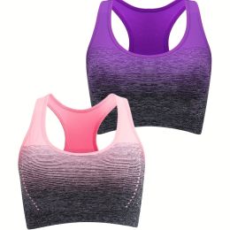 1pc/2pcs/3pcsMedium Support Two Tone Racer Back Sports Bra, Fitness Workout Running Yoga Bra - Purple+Pink - M(6)