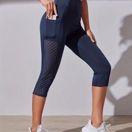 High Waist Yoga Capri Pants, Tummy Control Sports Legging Capri For Women With Out Pockets And Mesh Design - Navy Blue - S(4)