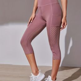 High Waist Yoga Capri Pants, Tummy Control Sports Legging Capri For Women With Out Pockets And Mesh Design - Pale Pinkish Gray - S(4)