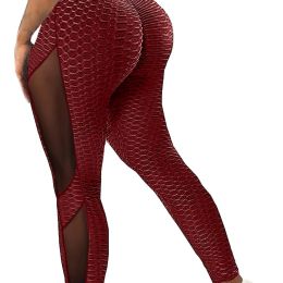 Honeycomb Mesh Contrast Leggings, Sporty Skinny High Waist Lifting Yoga Leggings, Women's Clothing - Burgundy - L(8/10)