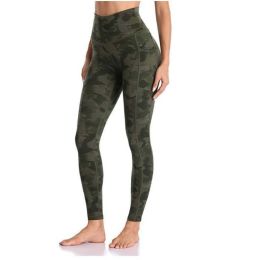 Women's High Waisted Yoga Pants 7/8 Length Leggings with Pockets - army green - Small