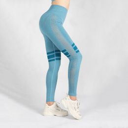 Hollow Mesh Breathable Yoga Pants - Blue - L