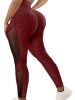 Honeycomb Mesh Contrast Leggings, Sporty Skinny High Waist Lifting Yoga Leggings, Women's Clothing - Burgundy - L(8/10)