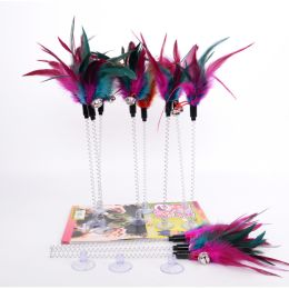 pack of 3 Bell feather cat stick pet cat toy rabbit hair cat stick sucker spring feather cat toy (Color: Colorful feathers, size: About 35cm)