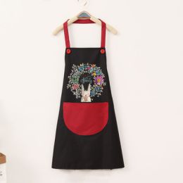 Kitchen apron; female; household; cute; cooking; waterproof; oil proof; apron; coverall; male; supporting logo printing (colour: Ordinary black spell red)