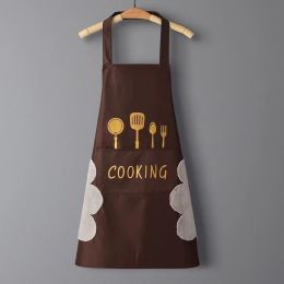 Kitchen household waterproof apron cute wipe hands fashion oil proof apron cooking adult men and women printed LOGO (colour: Coffee color [wipe hands+waterproof and oil proof])