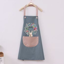 Kitchen apron; female; household; cute; cooking; waterproof; oil proof; apron; coverall; male; supporting logo printing (colour: Regular Smoke Blue)