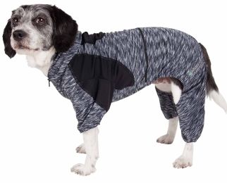 Pet Life Active 'Downward Dog' Heathered Performance 4-Way Stretch Two-Toned Full Body Warm Up Hoodie (Color: Black, size: medium)