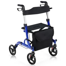 2 In 1 Folding Aluminum Seniors With Seat Rollator Walker (Color: Blue, Type: Rehabilitation Equipment)